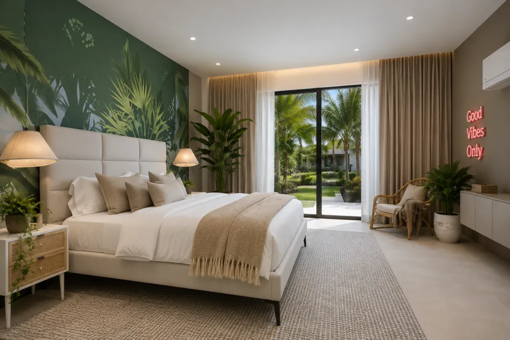 Comfortable guest bedroom interior with tropical wall design and natural lighting