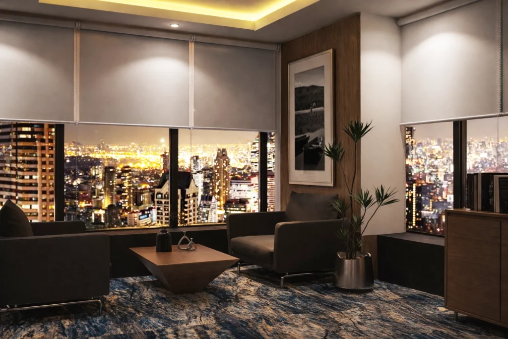 Modern corporate waiting area with geometric reception desk, indoor greenery, and contemporary commercial interiors