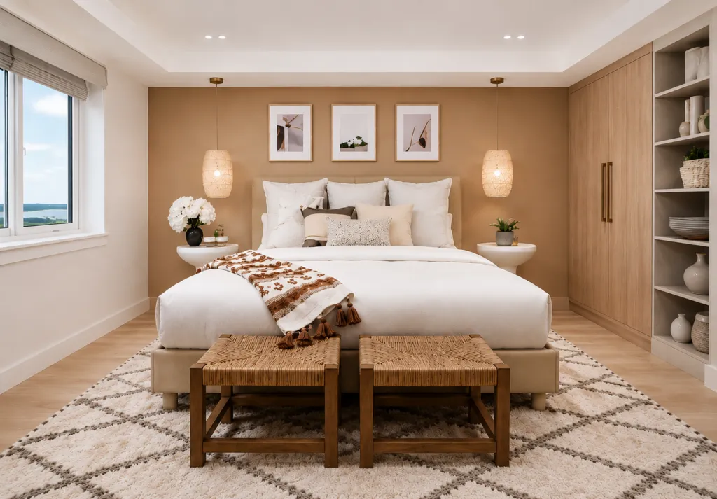 Modern cozy bedroom interior with warm lighting and minimalist decor