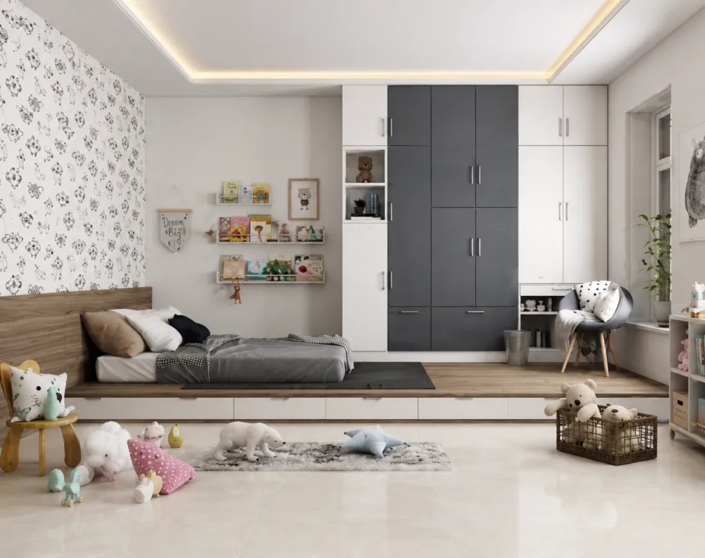 Modern kids bedroom interior with built-in storage and minimalist design elements