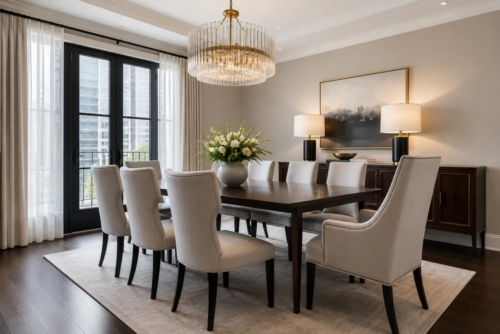 Elegant dining room interior with chandelier lighting and modern dining furniture