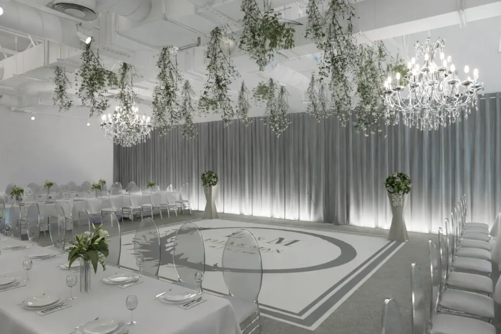 Restaurant And Wedding Interior Design Elegant wedding venue interior in Melbourne with floral ceiling decor and chandeliers.