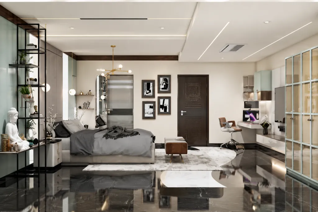 Luxury modern bedroom interior with workspace, marble flooring, and contemporary lighting design