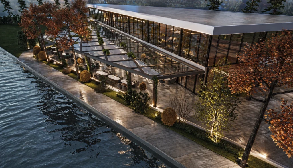 Outdoor commercial space planning with modern seating area.