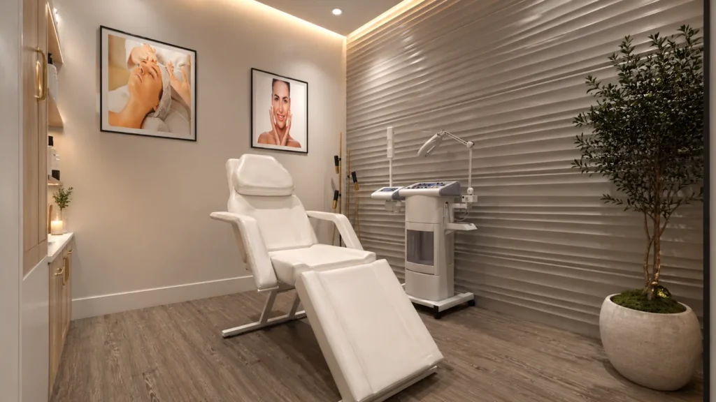 Professional skincare treatment room with medical aesthetic equipment and modern interior design.
