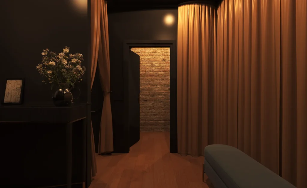 Luxury corridor interior featuring warm lighting, floor-to-ceiling curtains, dark contemporary finishes, and elegant residential design details in Australia.