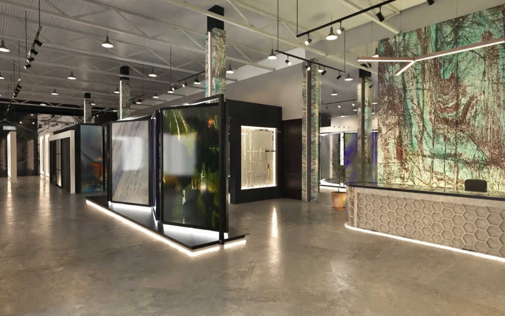 Tile Showroom Interior Premium marble display area with large illuminated stone panels and modern showroom lighting.