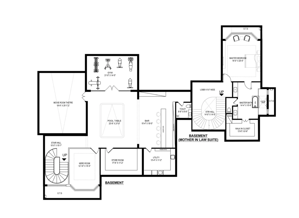 Modern basement entertainment floor plan with gym, movie room, bar, and pool table layout