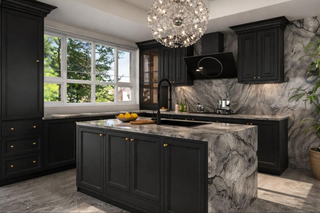 Black luxury kitchen with marble island and sleek modern cabinetry