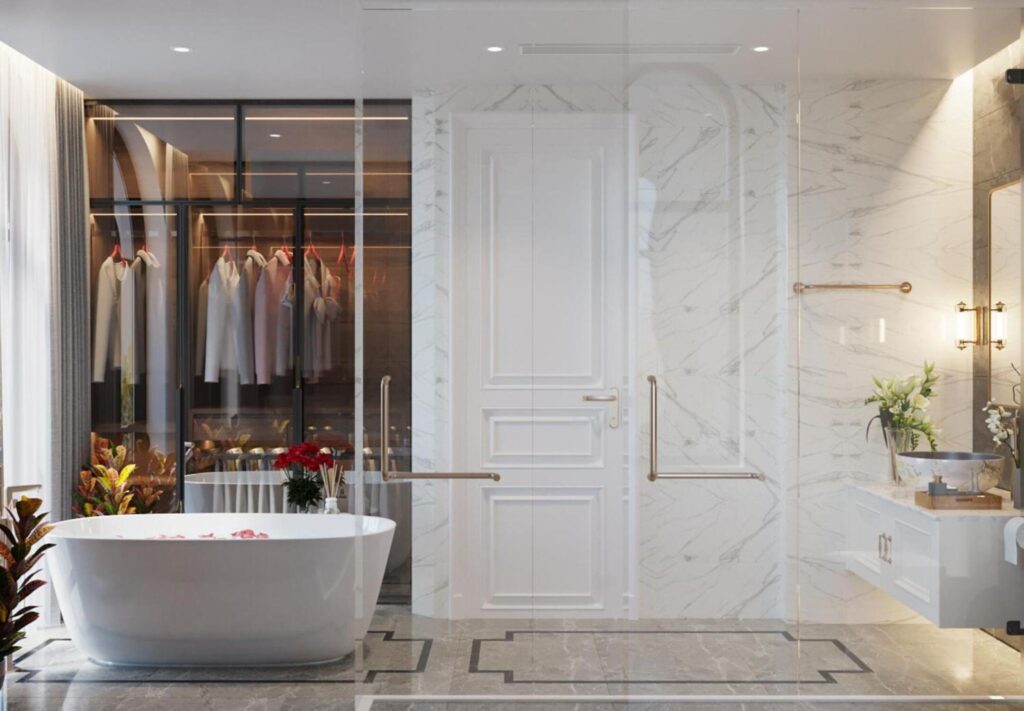 Contemporary bathroom and laundry space with minimalist cabinetry and marble flooring