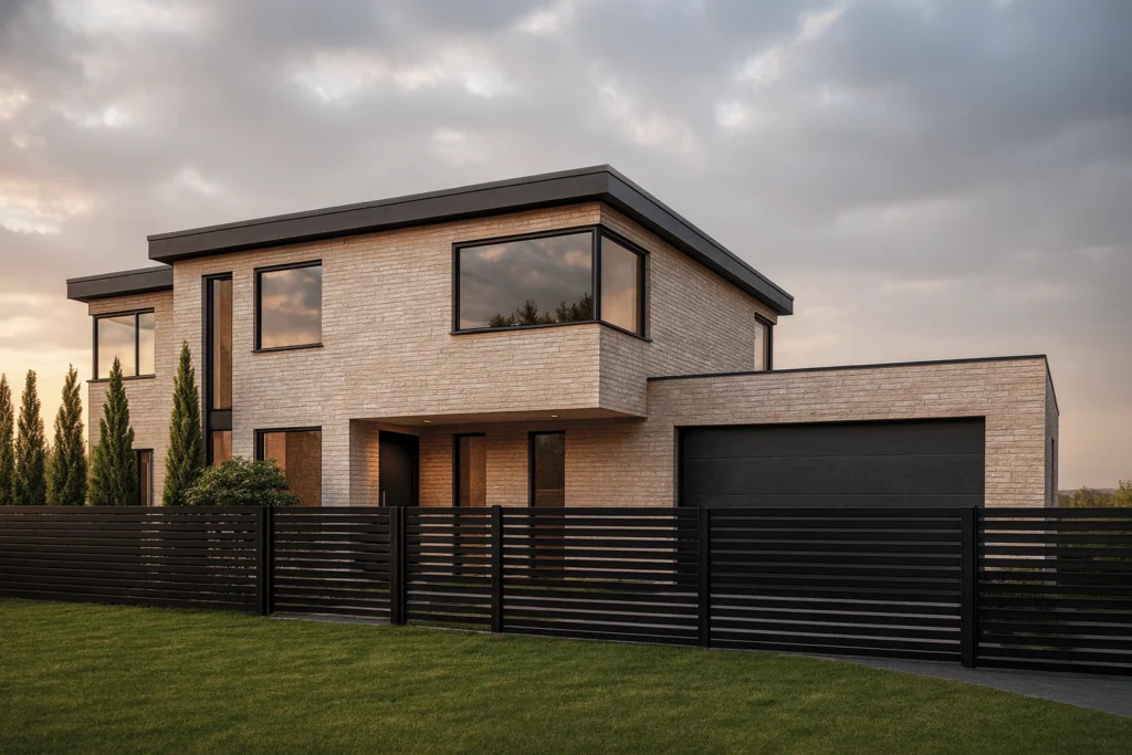 Interior Design Services in Sydney Modern two-story house exterior in Sydney with brick façade, large windows, and landscaped lawn
