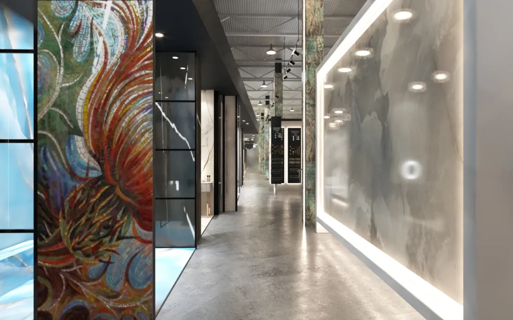 Modern commercial stone showroom with designer slab displays and luxury interior finishes.