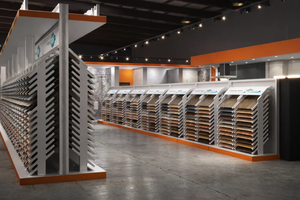 Spacious commercial tile gallery featuring modern flooring sample racks and sleek showroom layout.