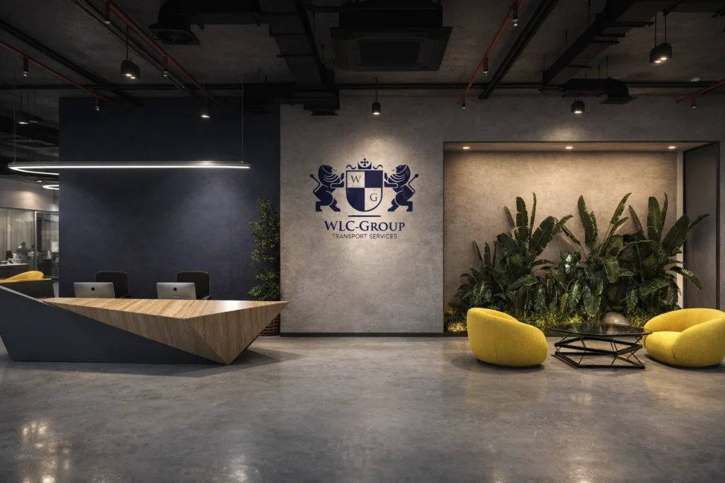 Modern commercial reception area with luxury marble desk, elegant chandelier lighting.