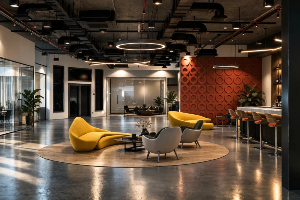 artcorinterior Home Modern commercial office lounge featuring colorful seating, open layout, stylish lighting, and contemporary workspace design.