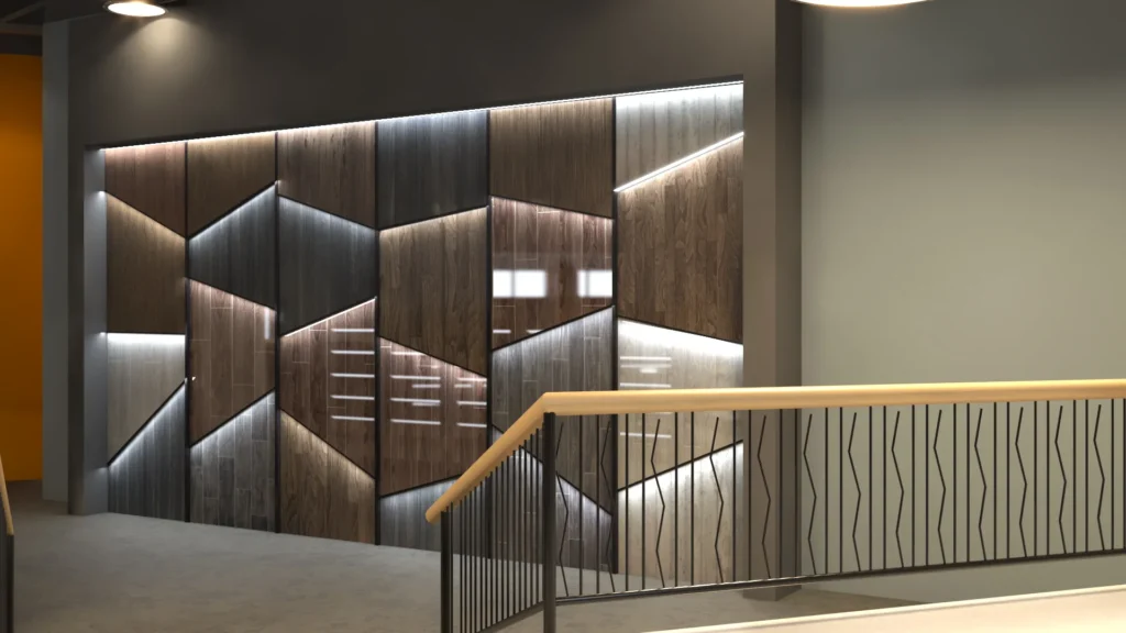 Tile Showroom Interior Modern decorative wall panel installation with geometric wooden textures and integrated LED lighting.