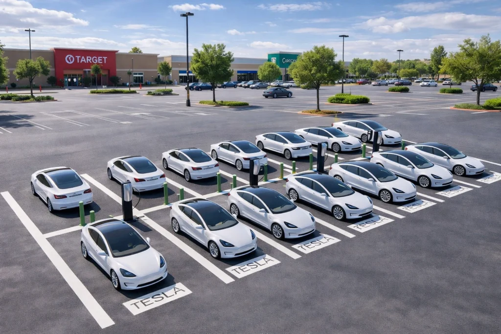 Modern electric vehicle charging station layout with multiple EV parking bays, commercial exterior planning, and sustainable infrastructure design.