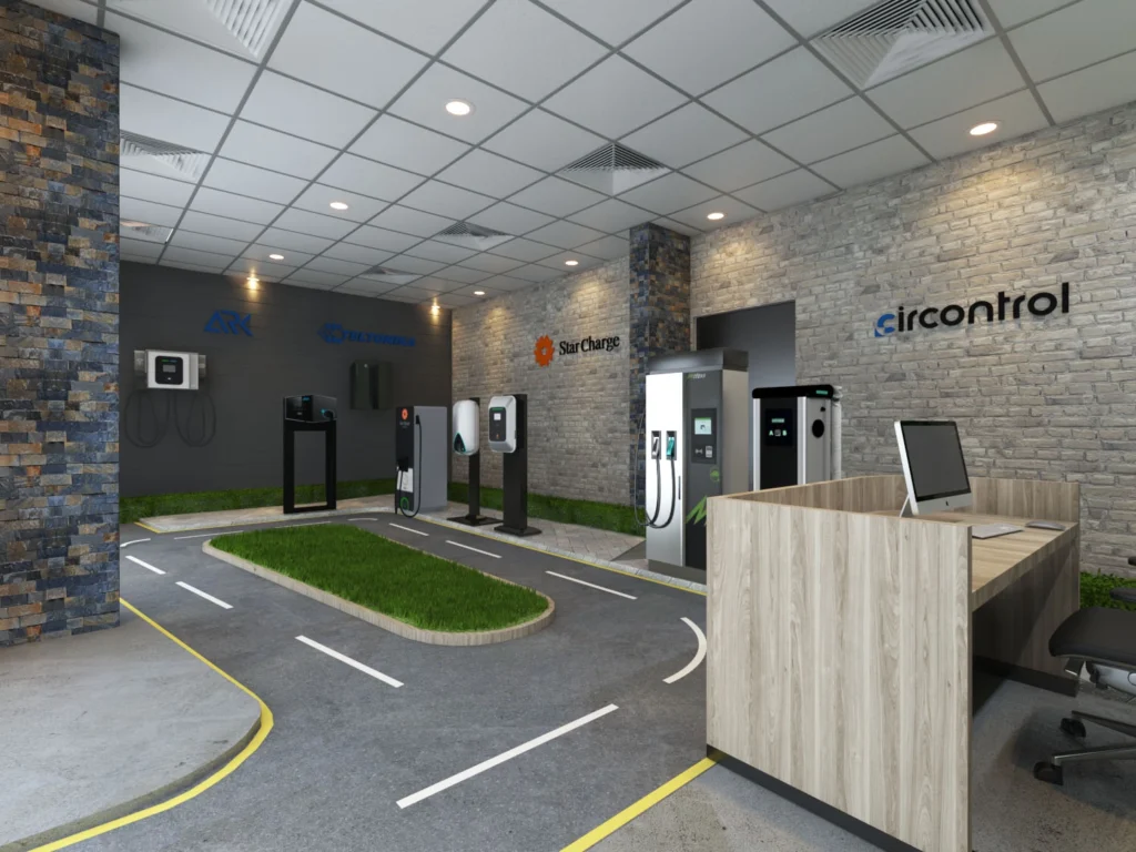 Modern EV charging showroom interior with charging units, reception desk, industrial finishes, and sustainable commercial design