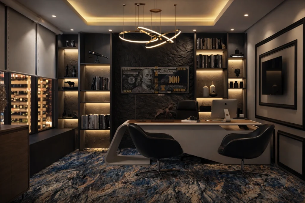 Luxury executive office interior with modern desk, ambient lighting, premium shelving, and sophisticated commercial design.