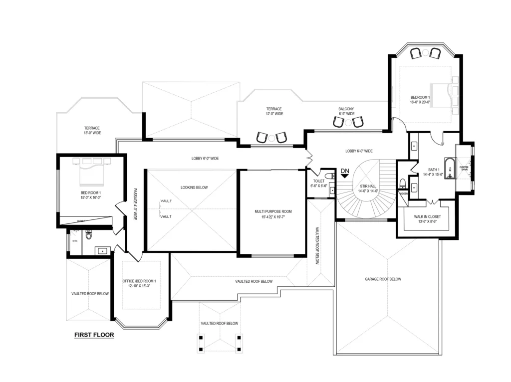 Contemporary first floor house layout design with bedrooms, terrace, balcony, and multipurpose room
