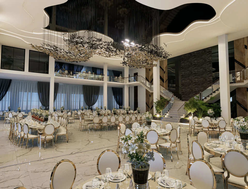 Restaurant And Wedding rendering Interior venue Design Luxury banquet hall interior design in Houston with grand chandelier feature.