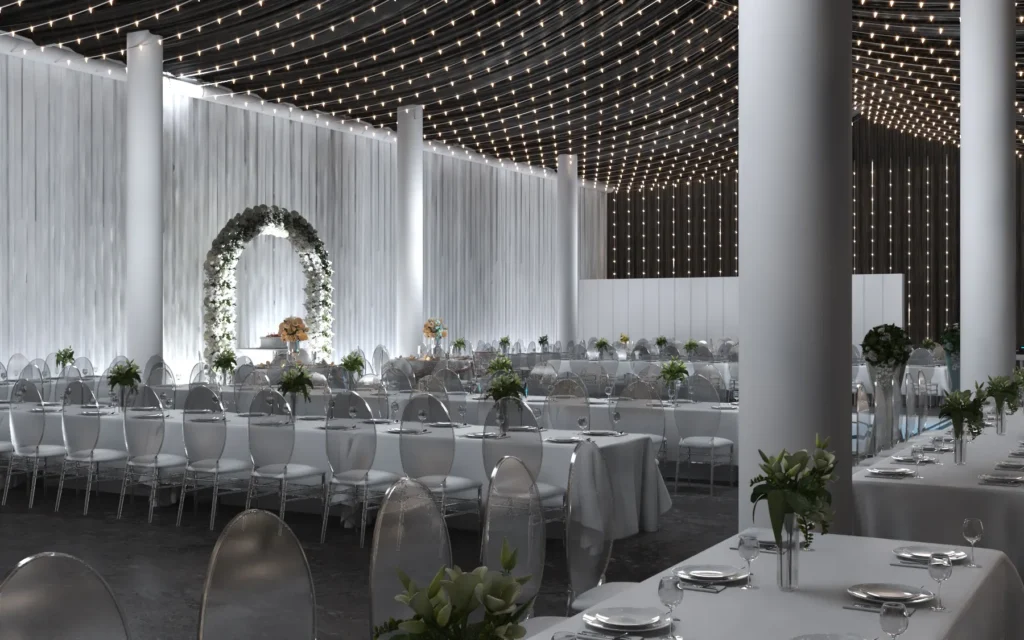 Grand event hall interior design in Houston with elegant ceiling lighting.