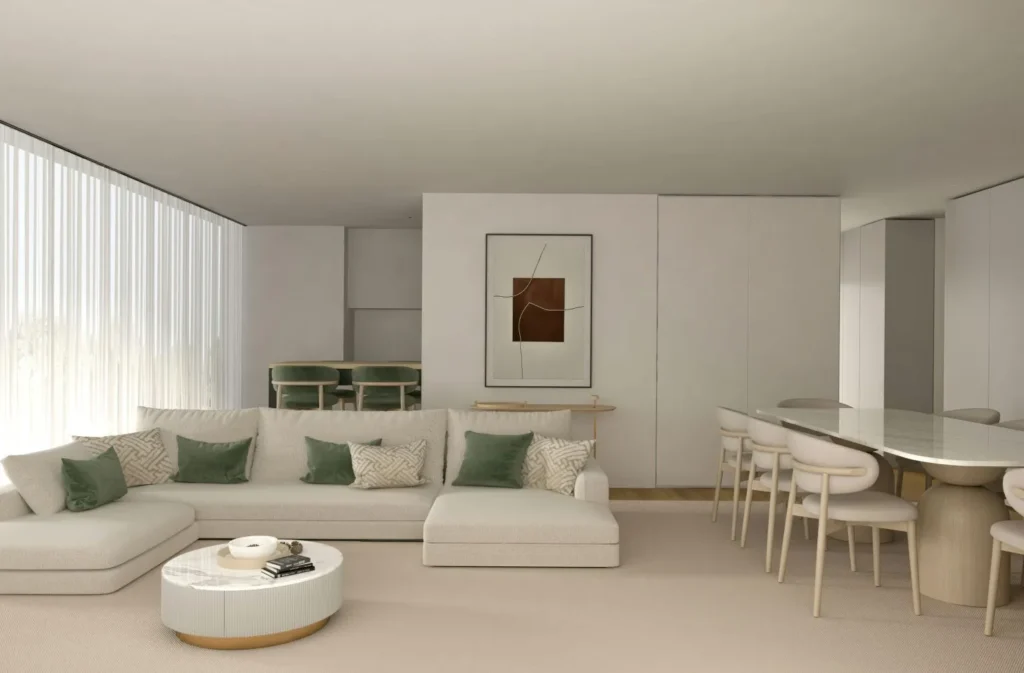 Interior Design Services in Houston, TX, Contemporary living and dining interior in Houston, TX with sectional sofa, orange armchair, and modern dining set
