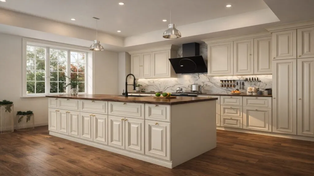 modern kitchen interior design with cabinets island and lighting