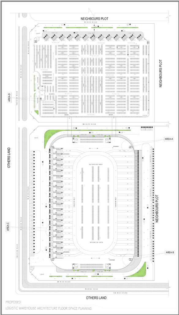 Logistics warehouse layout with loading bays and circulation planning