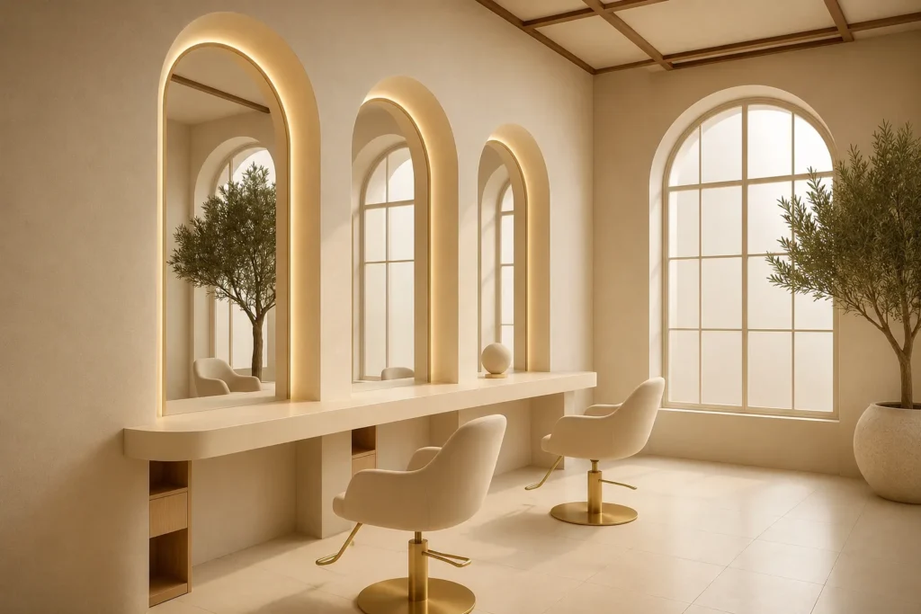 salon and spa interior design services with Elegant salon interior with arched illuminated mirrors and modern styling chairs.