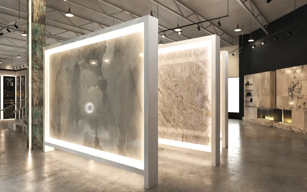 Luxury marble slab showroom featuring illuminated backlit stone panels in a modern commercial interior.