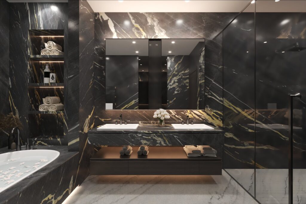 Residential Interior Design Luxury black marble bathroom interior with gold accents and freestanding bathtub