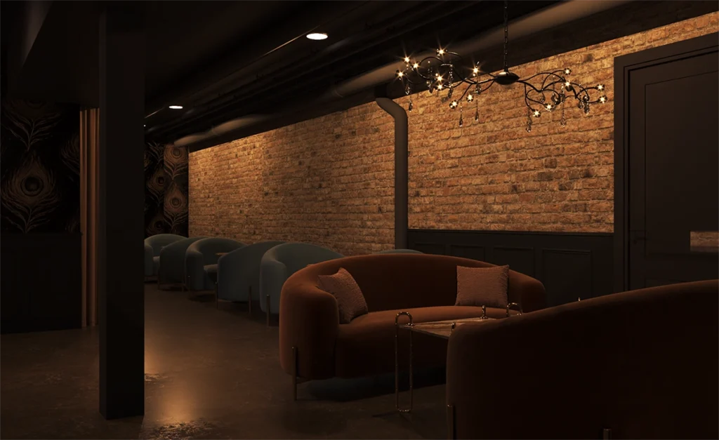 club and bar interior design Luxury hospitality seating area with modern sofas, textured brick walls, ambient lighting, and elegant commercial interiors.