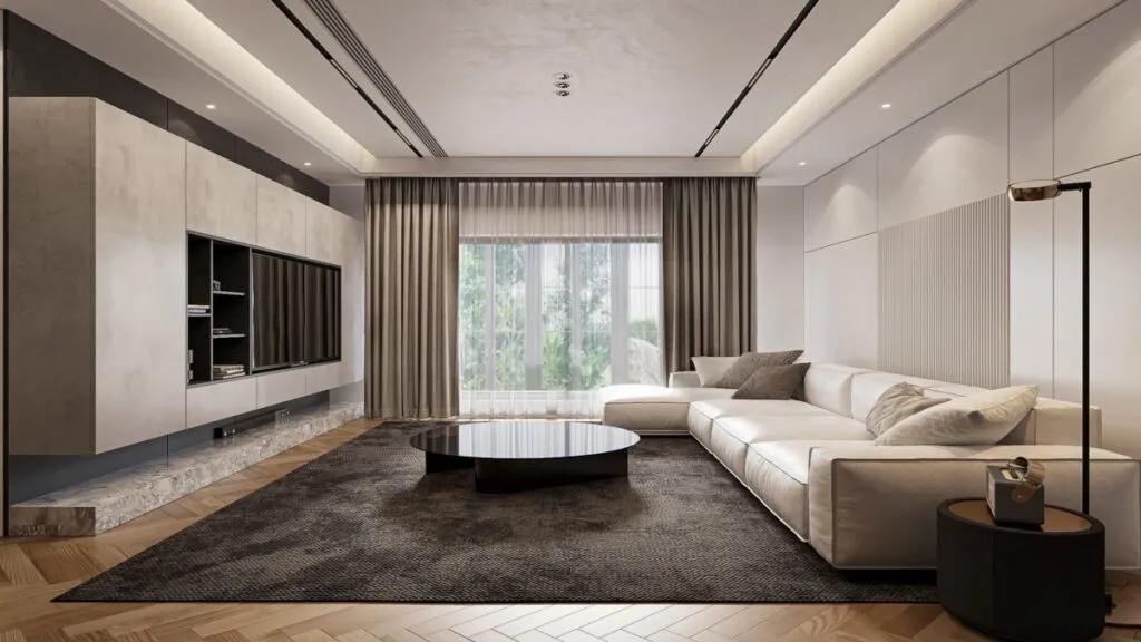 luxury living room interior design with sofa tv wall and lighting