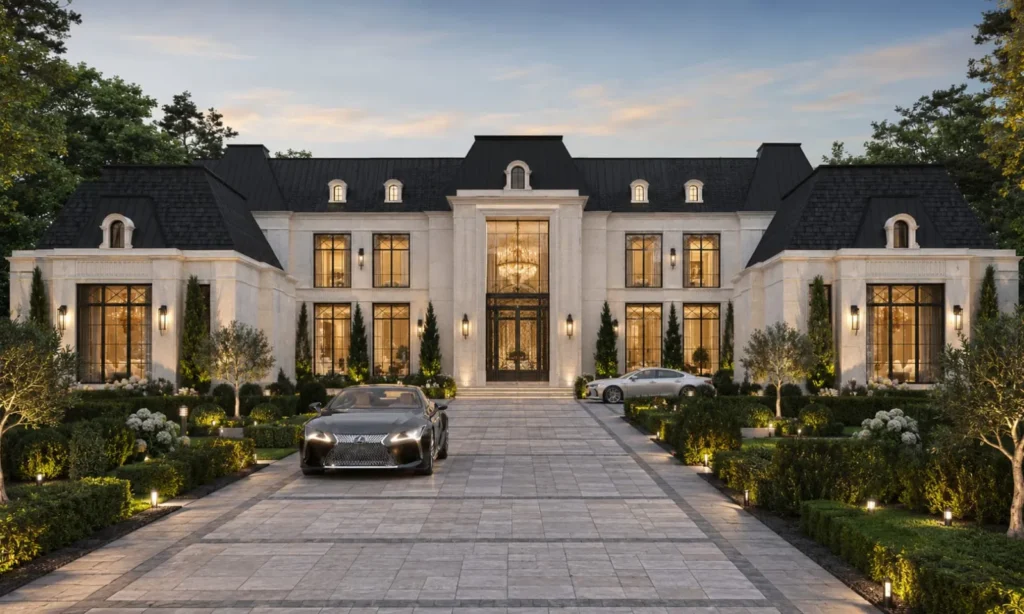 Large luxury mansion in Melbourne with symmetrical architecture, tall windows, ornate detailing, manicured gardens, and modern cars parked on stone driveway
