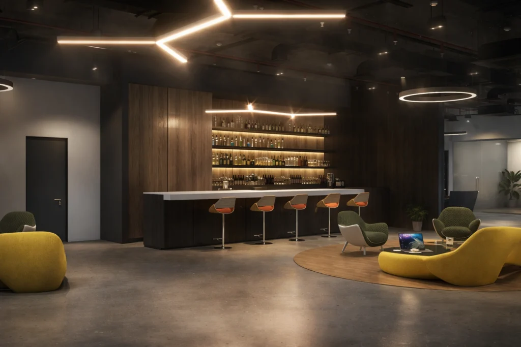 Modern office lounge with stylish seating, elegant bar counter, ambient lighting, and premium commercial interior design.