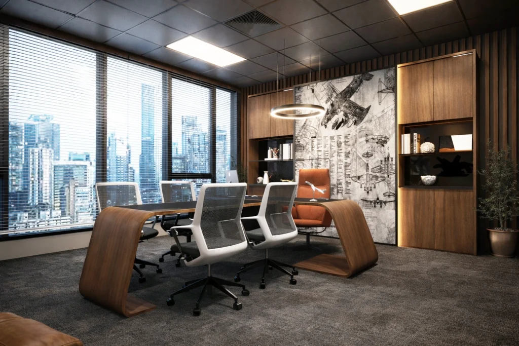 Modern executive office meeting room with premium furniture, wood textures, city views, and contemporary commercial interior design.