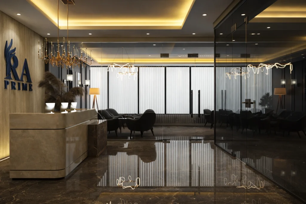 Modern office reception area with marble desk, glass partitions, ambient lighting, and sophisticated commercial interior design.