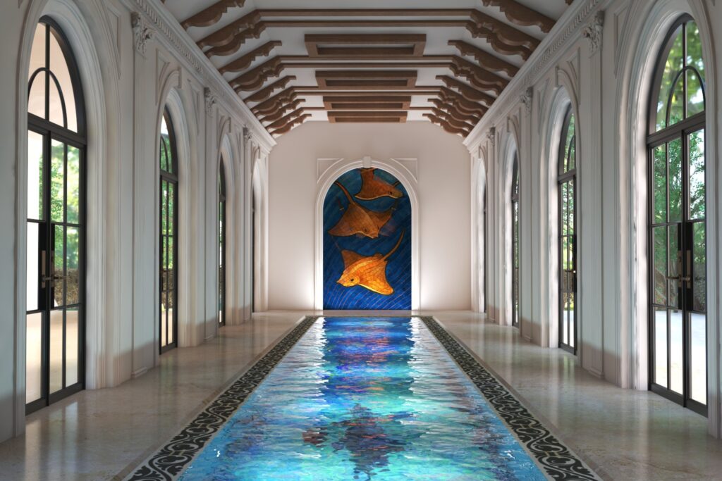 Luxury residential swimming pool with modern outdoor landscaping and ambient lighting