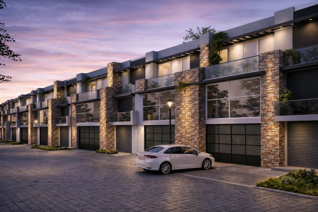 Luxury row house exterior featuring modern stone finishes, glass balconies, and elegant evening lighting in Australia