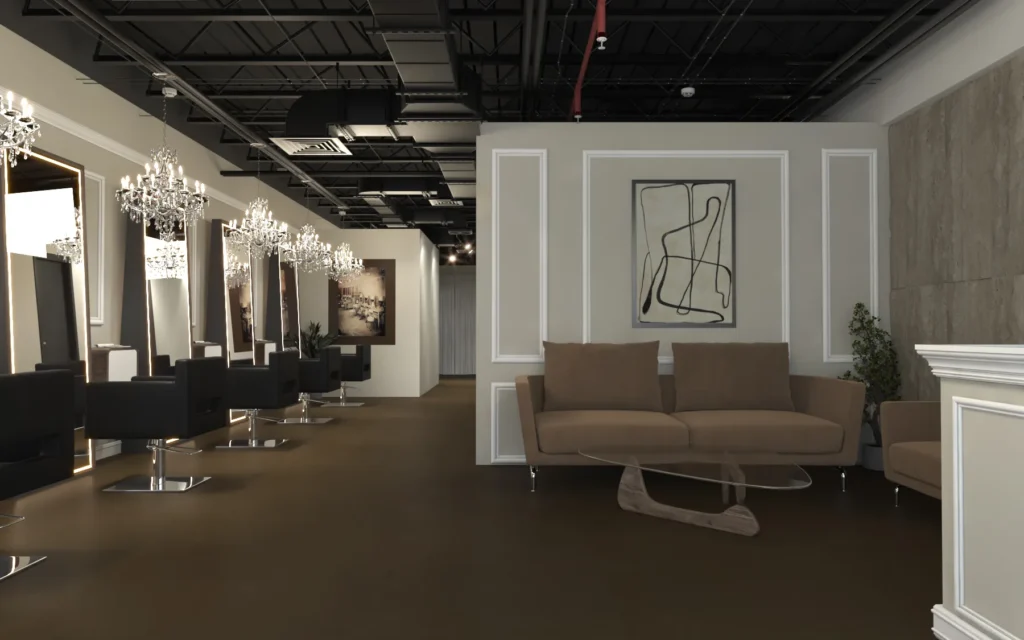 Luxury salon interior design in Los Angeles with illuminated arched mirrors and modern styling chairs