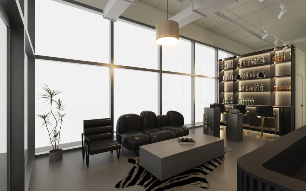 legant salon interior with arched illuminated mirrors and modern styling chairs.