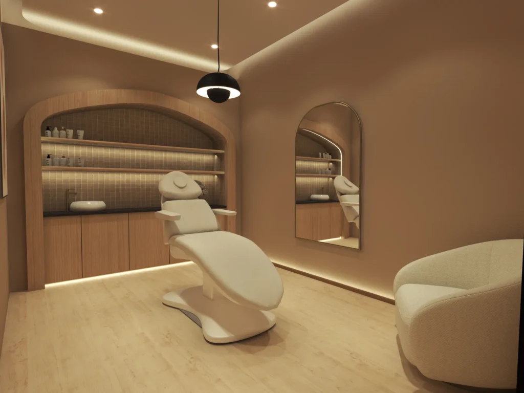 Elegant spa treatment room with reclining chair, wooden accents, and ambient lighting.