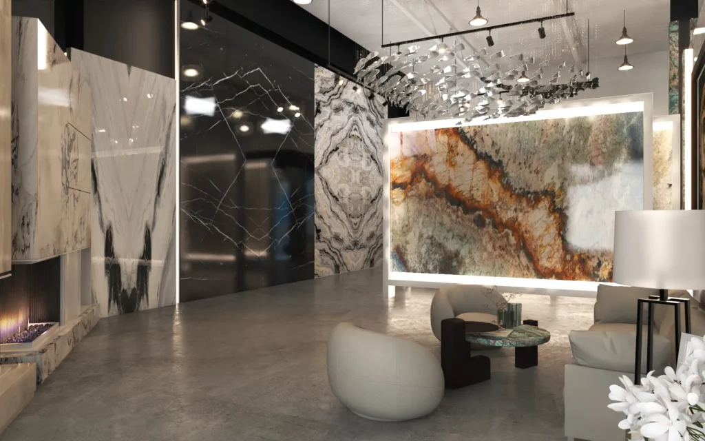Tile Showroom Interior Contemporary showroom corridor featuring illuminated luxury stone and marble surface installations.