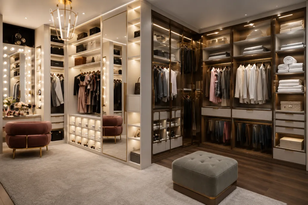 Luxury walk-in closet interior with custom storage, lighting, and dressing space