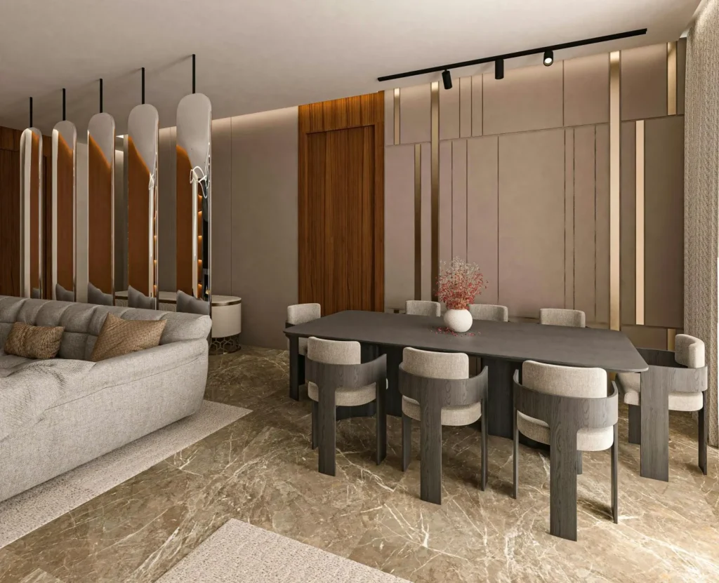 Interior Design Services in Melbourne Luxury living room interior in Melbourne featuring marble fireplace, sectional sofa, and natural light