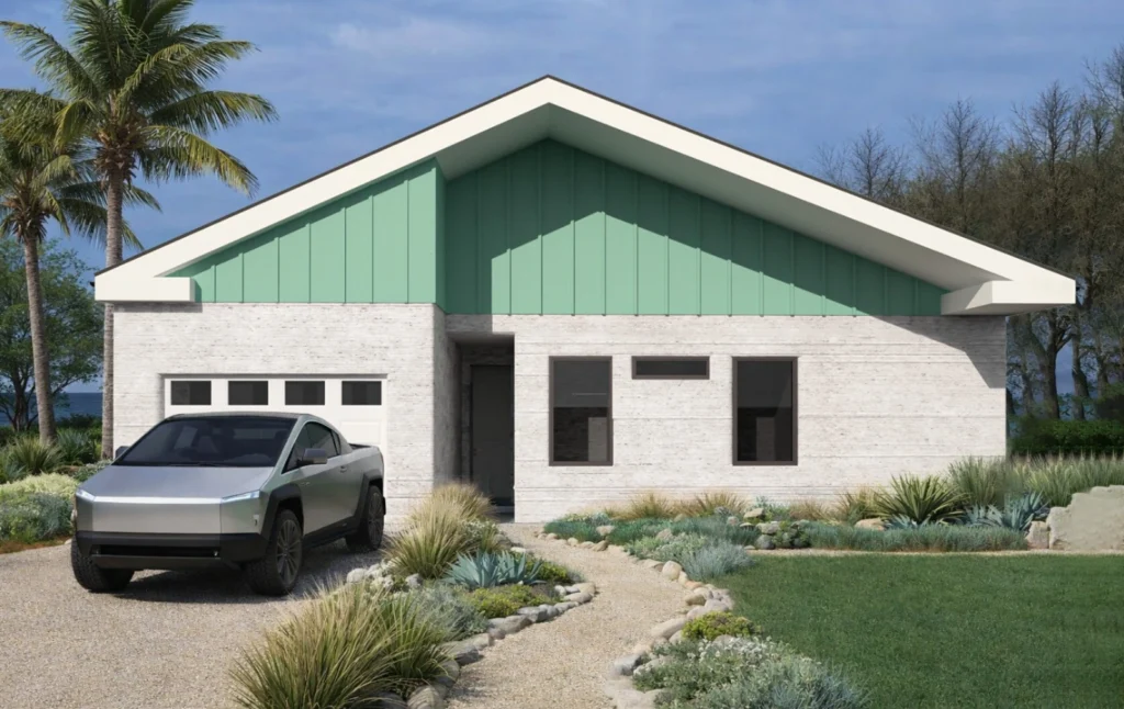 Minimalist coastal home exterior with angled roofline, desert landscaping, and contemporary architecture Huston, TX