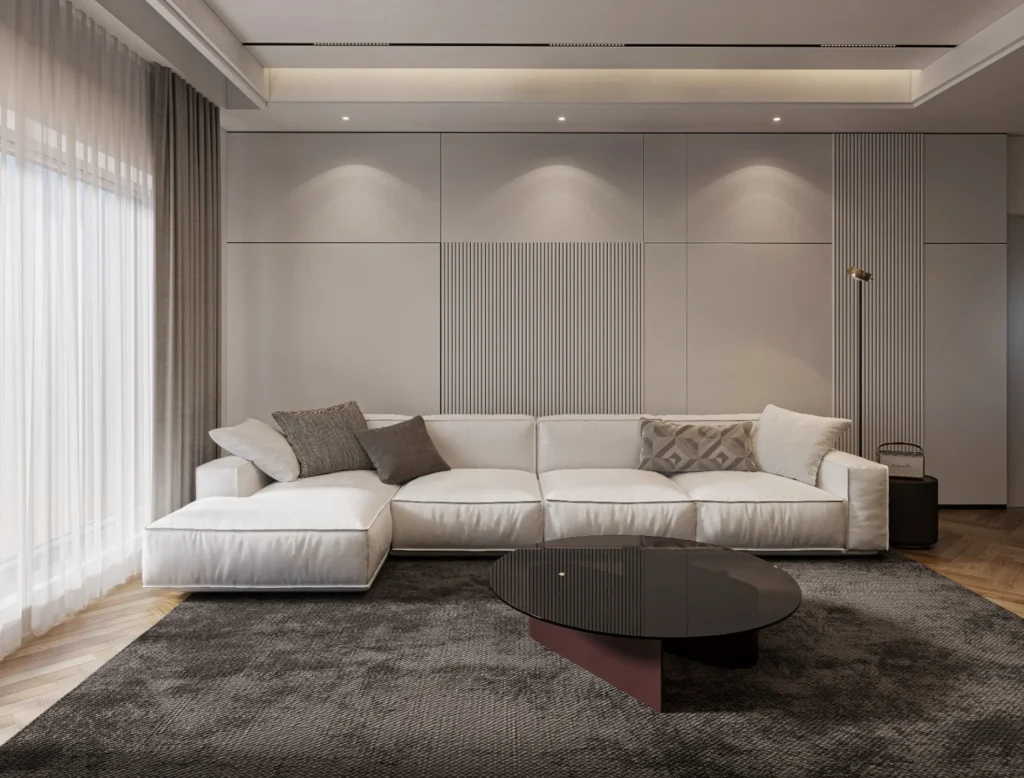 Minimalist luxury living room with sectional sofa and modern wall panels