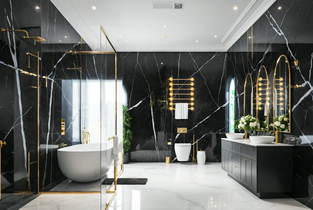 Modern black and gold bathroom interior with premium marble finishes and elegant vanity lighting.