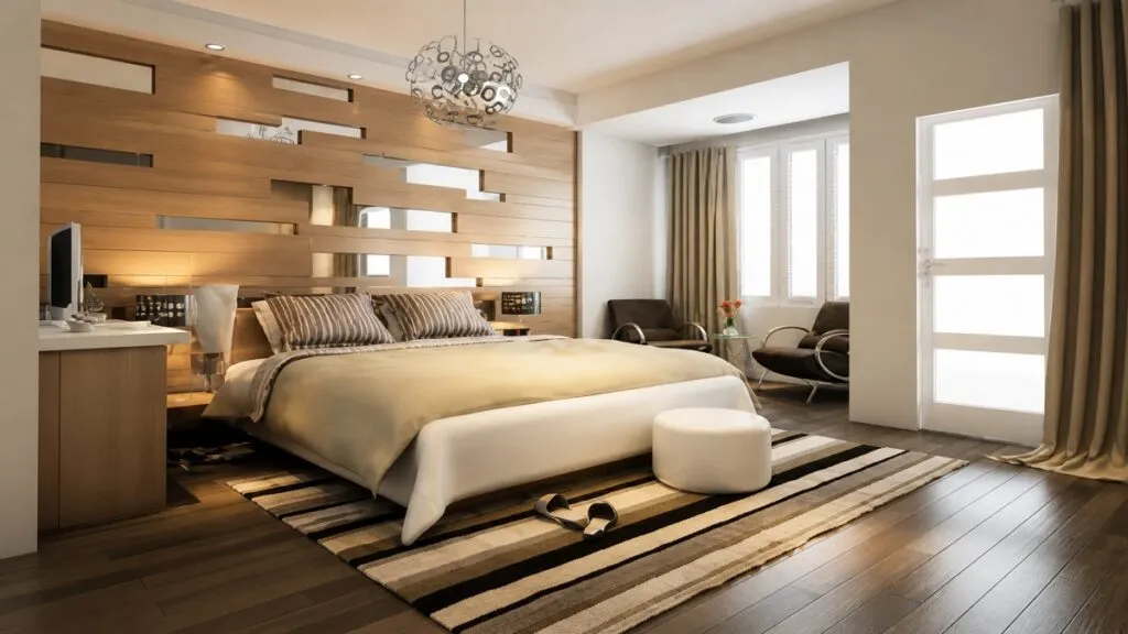 modern bedroom interior design with bed lighting and wooden panel wall